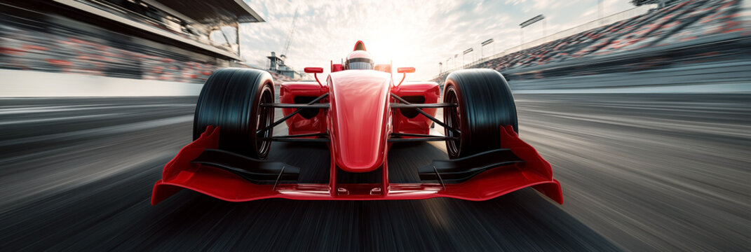 cinematic shot of fast formula racing car. Panorama