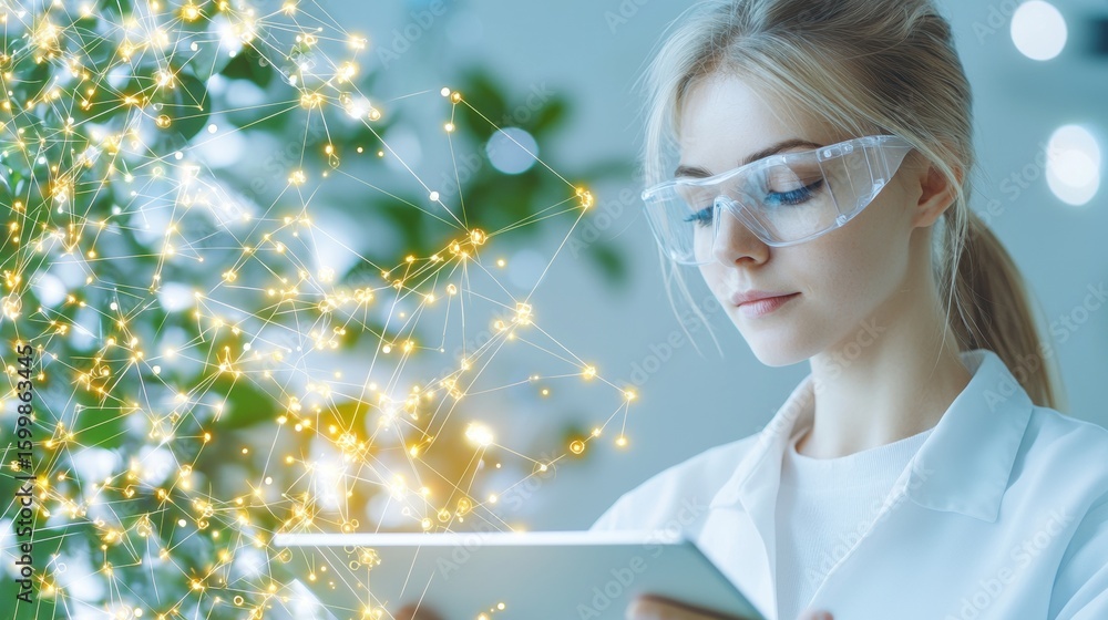 Aufkleber renewable scientist analyzing clean energy data on a digital tablet in a laboratory.