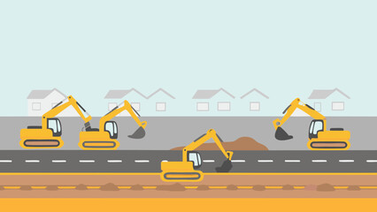 Illustration of excavators working on a road construction site with houses in the background visible