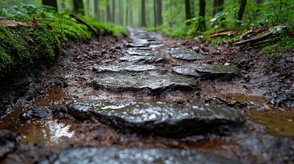 Rainy Forest Path: A Stone-paved Trail Through Lush Greenery