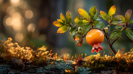 Pomegranate Fruit on Branch with Mossy Ground