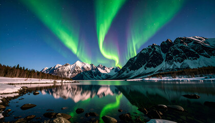 Aurora Borealis with Mountain Lake, and Winter.