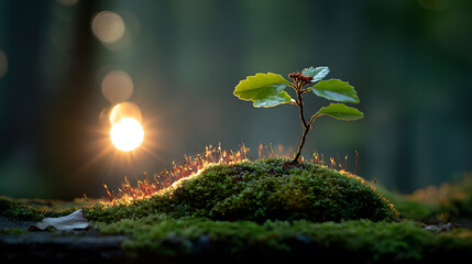 New Life Emerging From Moss in Sunrise