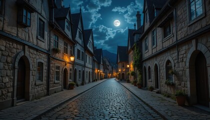 Fototapeta premium Moonlit Medieval Street: A Serene Night in a Cobblestone Town