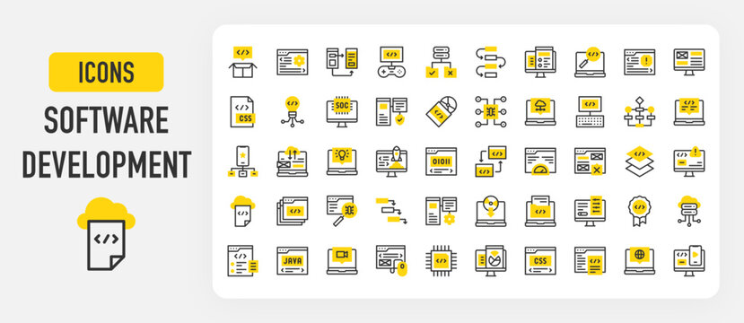 Software development icons. Soc, Flow Chart, Optimization, Layer, Workflow, Responsive, Alert, Drivers, Merge, Quality, Malware, Hierarchical Structure vector stroke illustration.	
