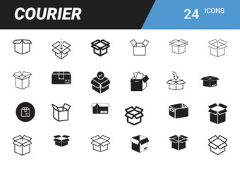 Courier Icons Collection: A curated set of 24 stylized, vector-based icons showcasing diverse courier-related visual symbols for various applications, all in striking monochrome.