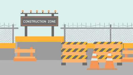 Illustration showing a construction zone with cones, barriers, and a warning sign displayed clearly here