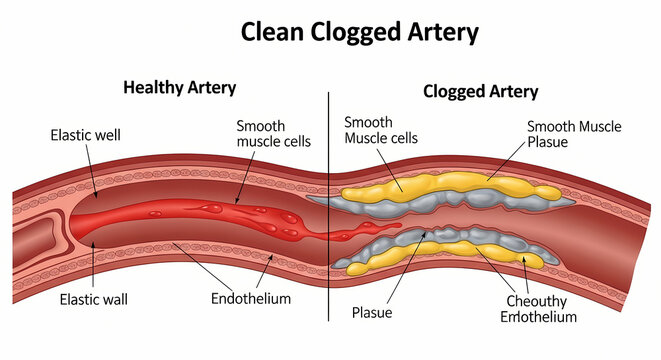 A diagram illustrating the difference between a healthy and a clogged artery, showing plaque buildup.