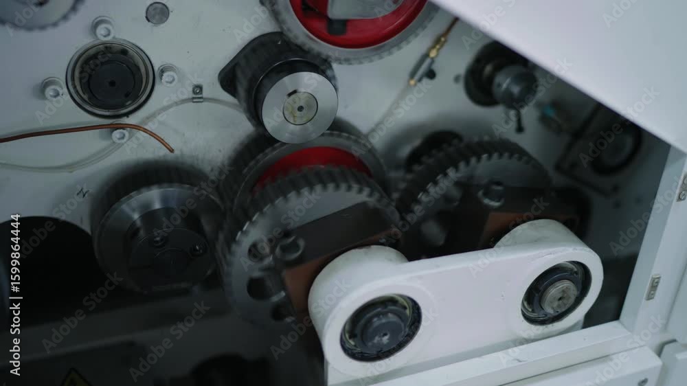 Poster inside view of several gears moving in printing machine. internal mechanism.