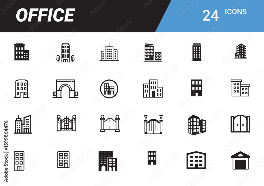 Aufkleber office icons collection: a comprehensive set of 24 office icons, meticulously crafted to represent v