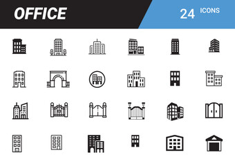 Office Icons Collection: A comprehensive set of 24 office icons, meticulously crafted to represent various building types and architectural elements. Suitable for graphic design projects, web design.