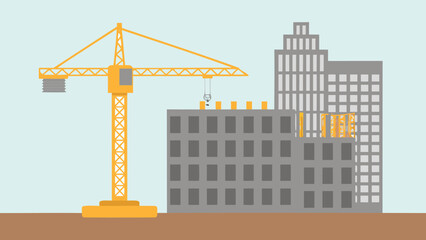 Illustration of a yellow crane working on a gray building with skyscrapers in the background scene