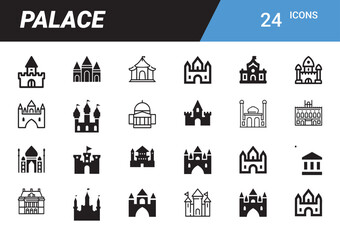 Palace Icon Set: A comprehensive collection of 24 icons, artistically illustrating diverse palace designs. The set presents various architectural styles.