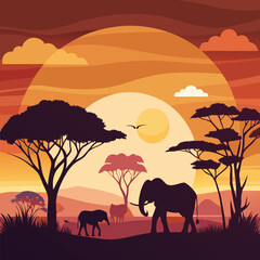 Obraz premium Elephant family silhouettes against an orange savanna sunset, wild nature's summer landscape