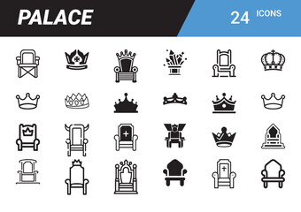 Royal Icons: A collection of 24 meticulously crafted icons symbolizing the grandeur of royalty, depicting crowns and thrones in a versatile array of styles for various design applications.