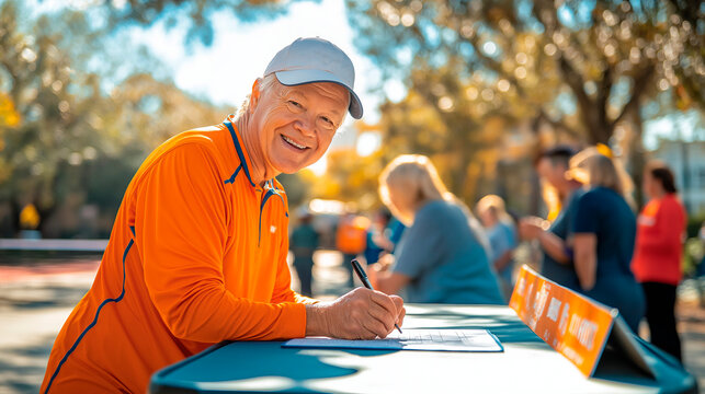 Elderly man smiling while signing up for a Pickleball event outdoors  