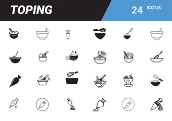 Toping Icons: A collection of neatly arranged, high-contrast icons, each representing different aspects of the topping process, from mixing to decoration.