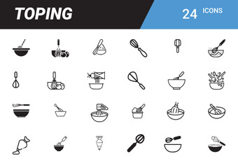 Topping Icons: A comprehensive collection of 24 minimalistic line icons that capture the essence of diverse topping elements used in culinary presentations.