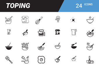 Topping Icon Set: A meticulously crafted collection of 24 minimalist icons, showcasing a range of culinary tools and ingredients related to topping food, perfect for diverse applications