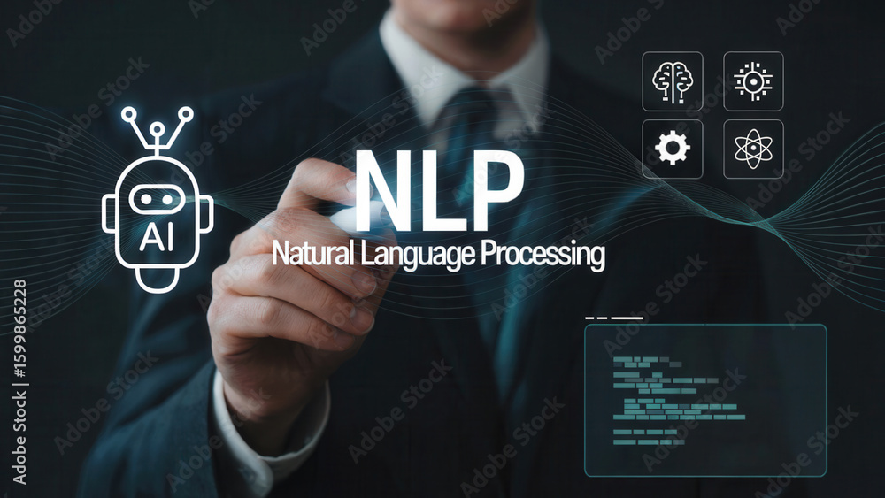 Poster businessman interacting with ai and nlp technology concepts