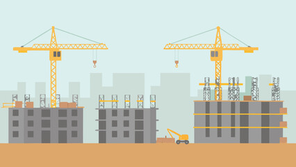 Illustration of three unfinished buildings with cranes against a cityscape backdrop design
