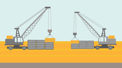 Two cranes lifting and moving stacks of materials at a construction site in a flat illustration style