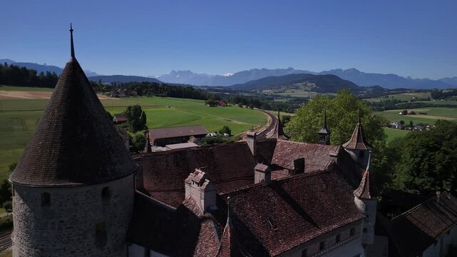 Medieval Oron castle Switzerland Swiss heritage building aerial drone