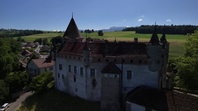Ch&acirc;teau d'Oron Vaud canton of Switzerland medieval castle aerial drone Swiss heritage
