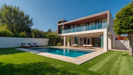Green lawn with a garden including swimming pool in a modern house and blue sky