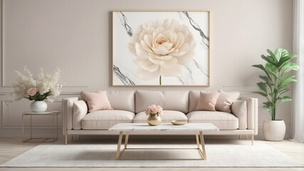 Interior poster mock up living room with colorful white sofa. 3d illustration.