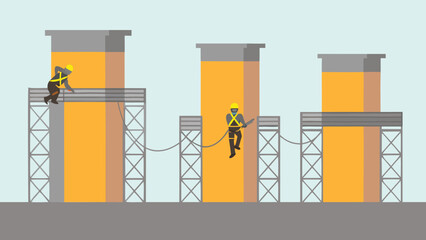 Illustration of construction workers traversing platforms on tall structures with safety gear on