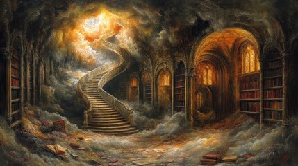 Naklejka premium Mystical library spiraling to heavens