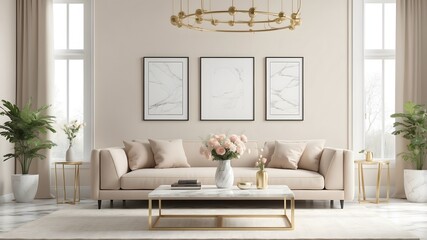 Interior poster mock up living room with colorful white sofa. 3d illustration.