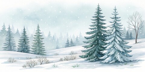 Snowy Winter Forest Watercolor Painting Two Fir Trees, Soft Hues, Winter Wonderland Scene, Christmas, Holiday Winter landscape, Watercolor painting