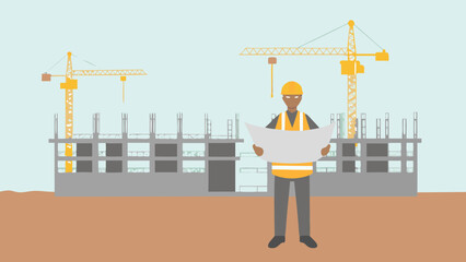 Construction worker holding blueprint in front of a building under construction with cranes on the site