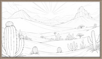 Fototapeta premium Serene Southwestern Desert Landscape: Pencil Sketch, Sunrise, Cacti, Mountains