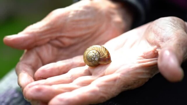 A delicate spiral shell rests gently within the cupped hands of an individual, symbolizing care for nature.