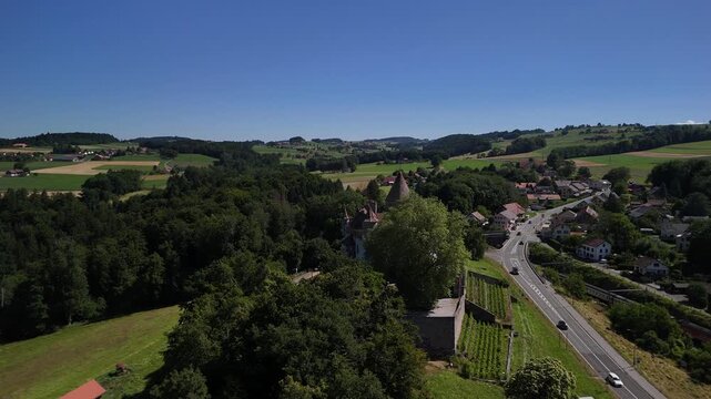 Oron municipality Switzerland Swiss heritage medieval town aerial drone