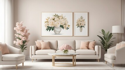 3D illustration mockup photo frame on the wall over sofa in living room. Frame mockup poster in home living room design