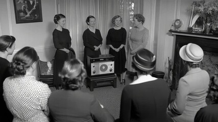 A group of women enjoying a moment with a vintage radio.