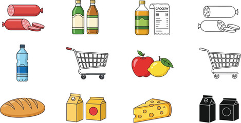 Grocery shopping items vector illustration with food and drinks supermarket products and shopping cart design vector