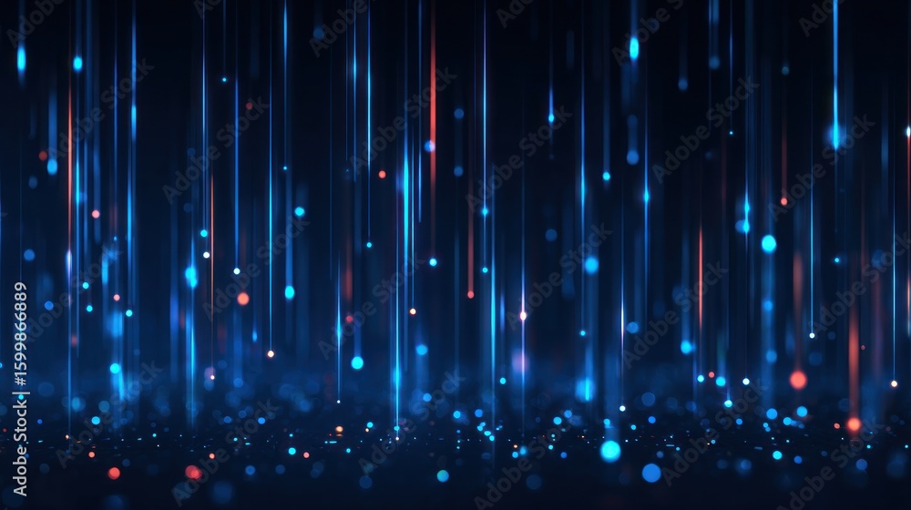 Poster abstract digital rain design with glowing lines and particles.