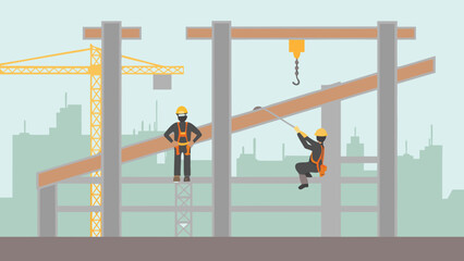 Construction workers on a building site with crane and steel beams in front of a city skyline view