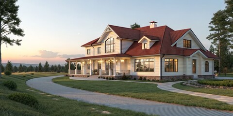 Sunset Farmhouse Rendering Red Roof, Exterior Design, 3D Model, Architectural Visualization Keywords Farmhouse, rendering
