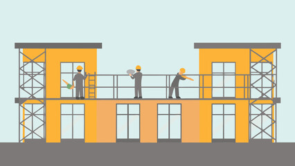 Construction workers on scaffolding repairing the facade of a building with windows and gray roof