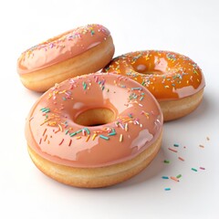 Three Peach Glazed Donuts with Sprinkles, 3D Render, Food Photography, Sweet Treat, Bakery, Dessert Donuts, 3D render