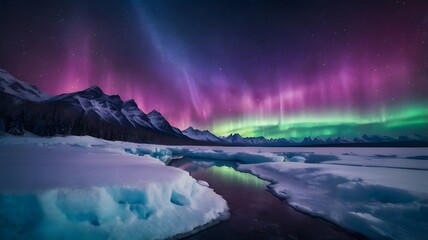 Naklejka premium Northern lights over snowy mountains and calm water at night
