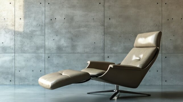 Beige leather recliner with extended footrest, minimal setting, concrete wall