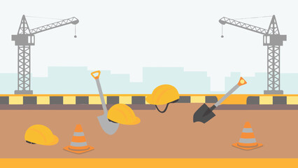 Construction site with cranes, hard hats, shovels, and safety cones in a flat vector style