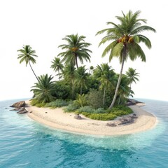 Tropical Island Paradise 3D Render of Lush Palm Trees on Sandy Beach,Ocean View, Island Escape Island, Paradise
